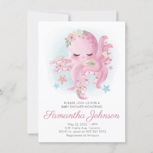 Pink Watercolor Floral Octopus Baby Shower Invitation