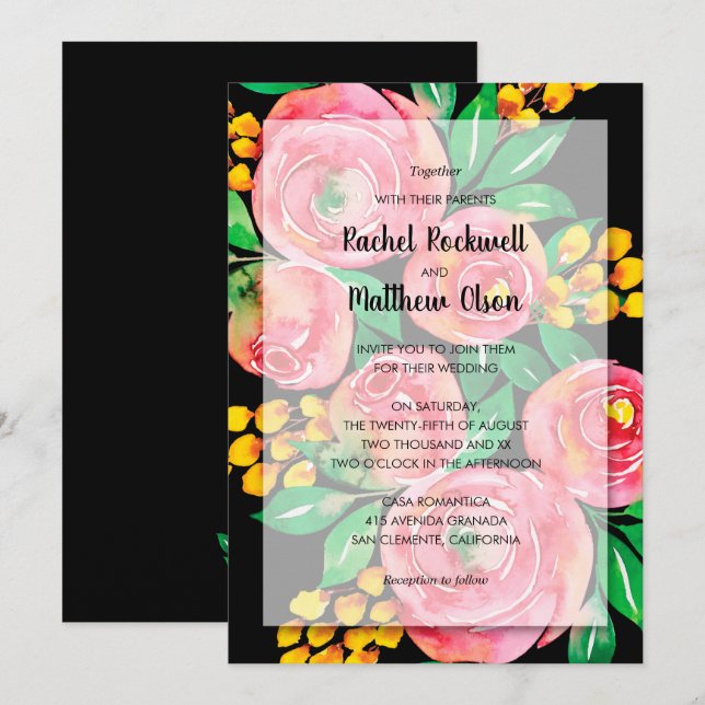 Pink Watercolor Floral on Black Wedding Invitation (Front/Back)