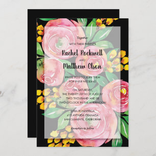 Pink Watercolor Floral on Black Wedding Invitation