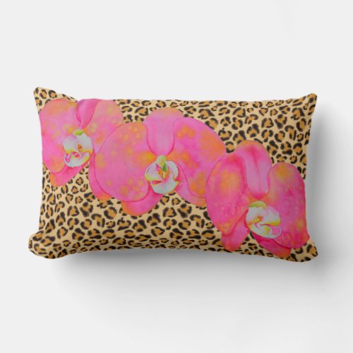 Pink watercolor floral orchids leopard cheetah art lumbar pillow