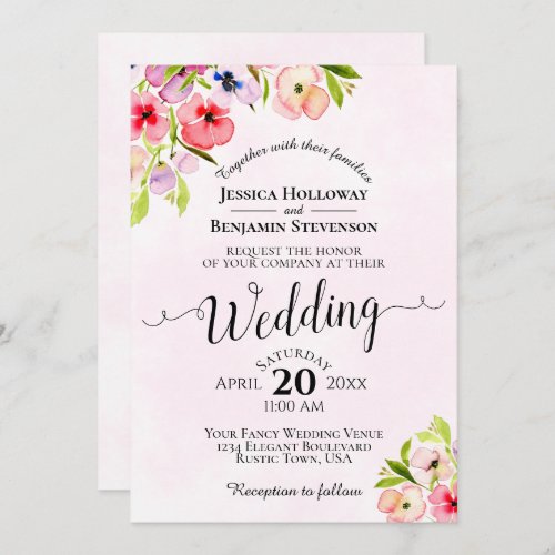 Pink Watercolor Floral Pansies Wedding Invitation