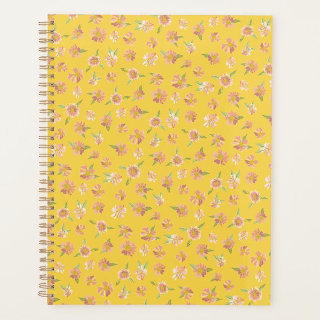 Pink Watercolor Floral Pattern Bright Yellow Planner (Front)