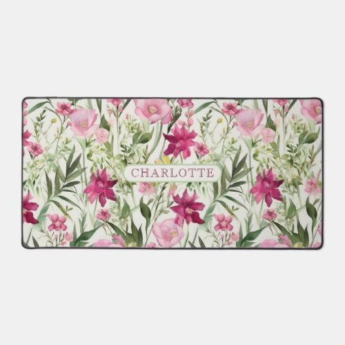 Pink Watercolor Floral Pattern Personalized Name Desk Mat