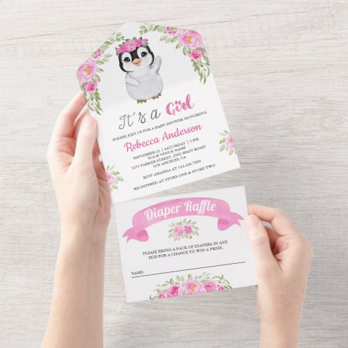 Pink Watercolor Floral Penguin Baby Shower All In One Invitation