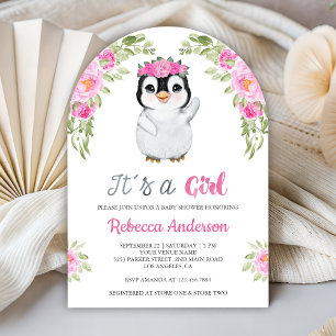 Pink Watercolor Floral Penguin Baby Shower Invitation