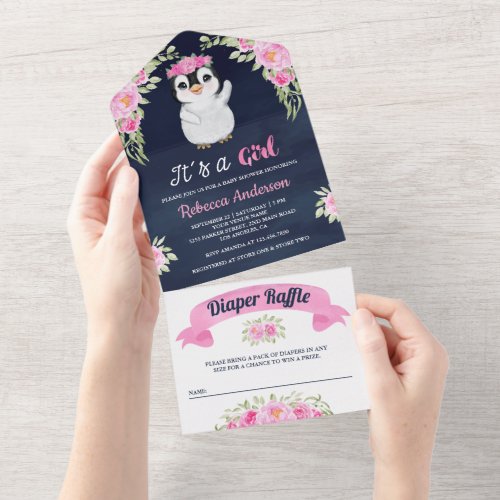Pink Watercolor Floral Penguin Navy Baby Shower All In One Invitation