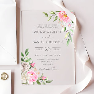 Pink Watercolor Floral Peonies Elegant Wedding Acrylic Invitations