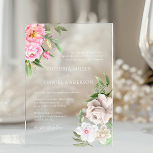 Pink Watercolor Floral Peonies Elegant Wedding Acrylic Invitations