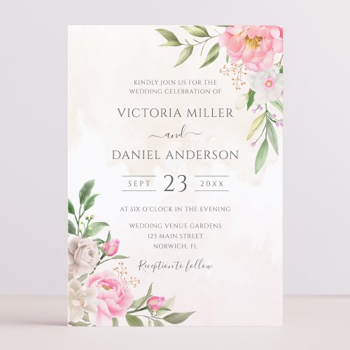 Pink Watercolor Floral Peonies Elegant Wedding Invitation