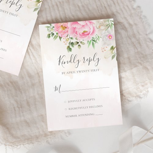 Pink Watercolor Floral Peonies Elegant Wedding RSVP Card