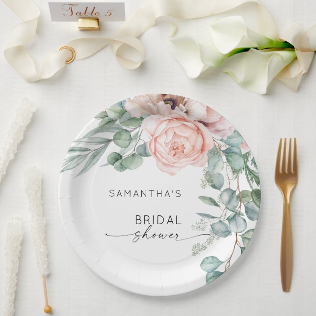 Pink Watercolor Floral Peony Bridal Shower Paper Plates (Wedding)