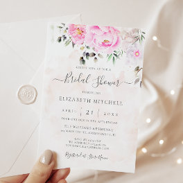 Pink Watercolor Floral Peony Elegant Bridal Shower Invitation