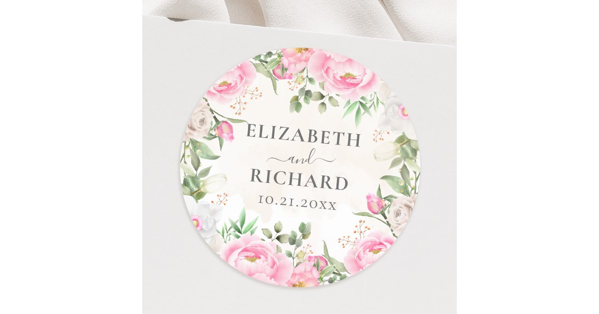 Pink Watercolor Floral Peony Elegant Wedding Classic Round Sticker | Zazzle