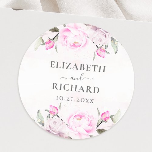 Pink Watercolor Floral Peony Elegant Wedding Classic Round Sticker