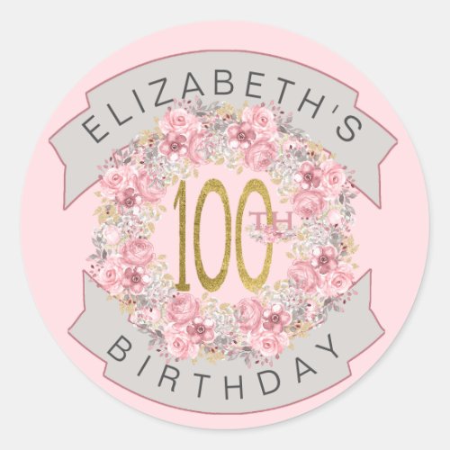 Pink Watercolor Floral Personalized 100th Birthday Classic Round Sticker