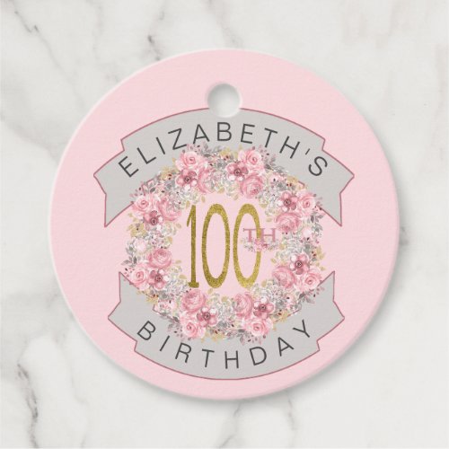 Pink Watercolor Floral Personalized 100th Birthday Favor Tags