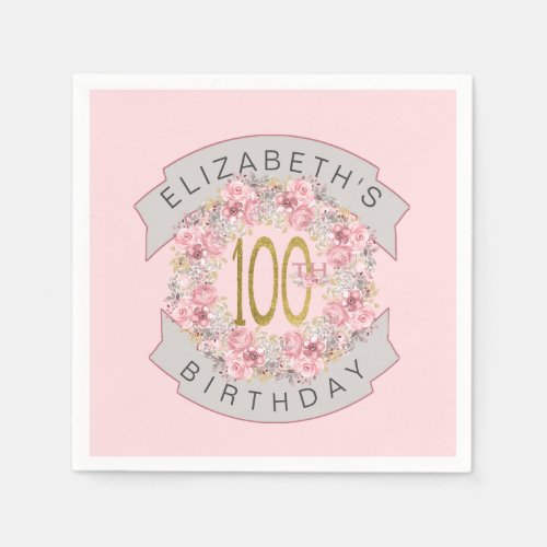 Pink Watercolor Floral Personalized 100th Birthday Napkins