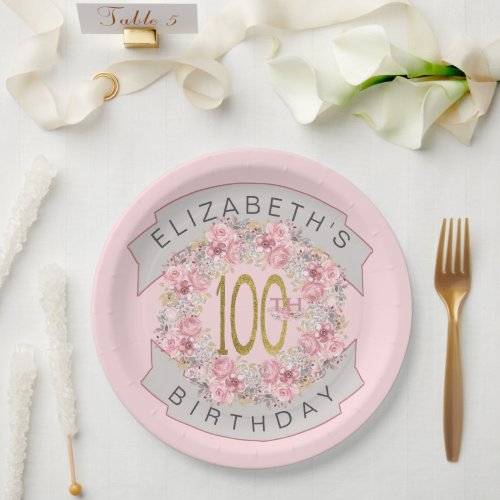 Pink Watercolor Floral Personalized 100th Birthday Paper Plates