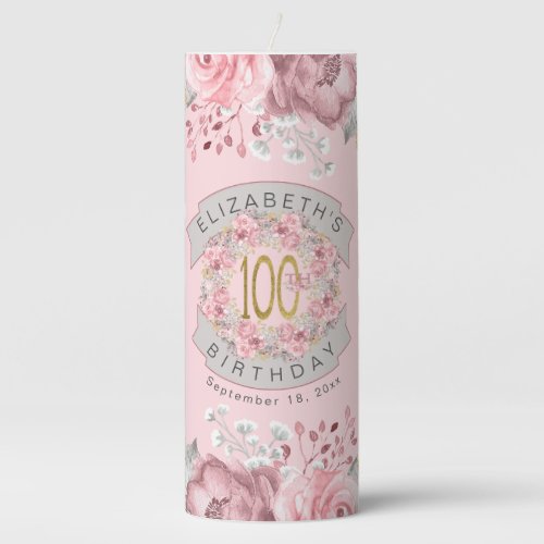 Pink Watercolor Floral Personalized 100th Birthday Pillar Candle