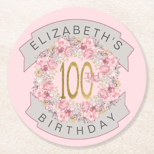 Pink Watercolor Floral Personalized 100th Birthday Round Paper Coaster