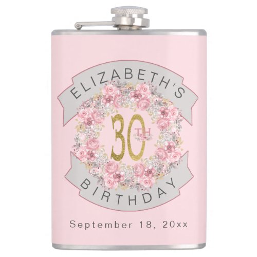 Pink Watercolor Floral Personalized 30th Birthday  Flask