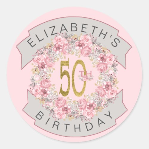 Pink Watercolor Floral Personalized 50th Birthday Classic Round Sticker