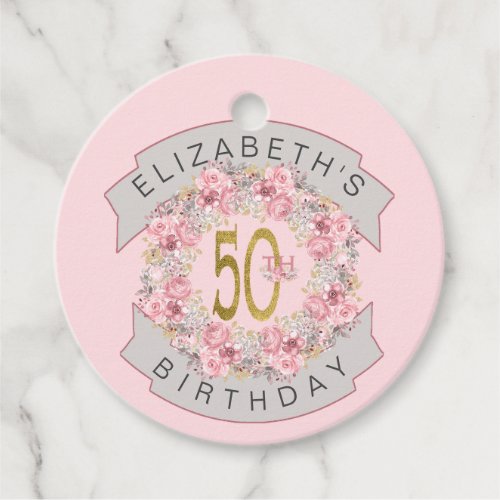 Pink Watercolor Floral Personalized 50th Birthday Favor Tags