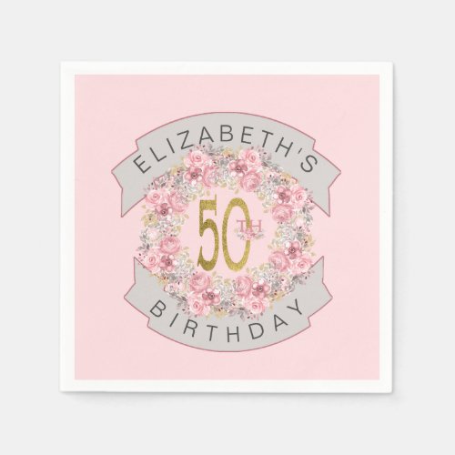 Pink Watercolor Floral Personalized 50th Birthday  Napkins