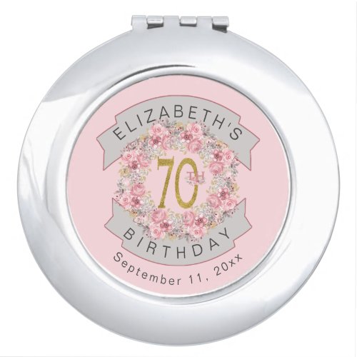 Pink Watercolor Floral Personalized 70th Birthday  Compact Mirror