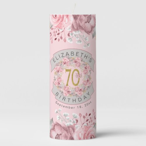 Pink Watercolor Floral Personalized 70th Birthday Pillar Candle