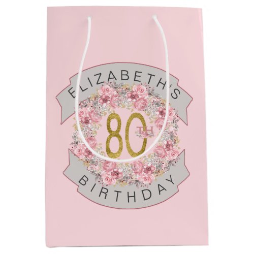 Pink Watercolor Floral Personalized 80th Birthday  Medium Gift Bag