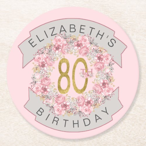 Pink Watercolor Floral Personalized 80th Birthday Round Paper Coaster