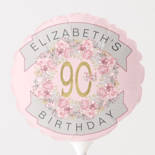 Pink Watercolor Floral Personalized 90th Birthday Balloon