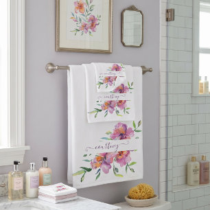 Pink watercolor floral personalized  bath towel set