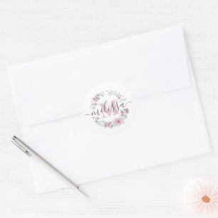 Pink watercolor floral personalized classic round sticker
