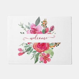 Pink watercolor floral personalized doormat