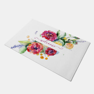 Pink watercolor floral personalized doormat