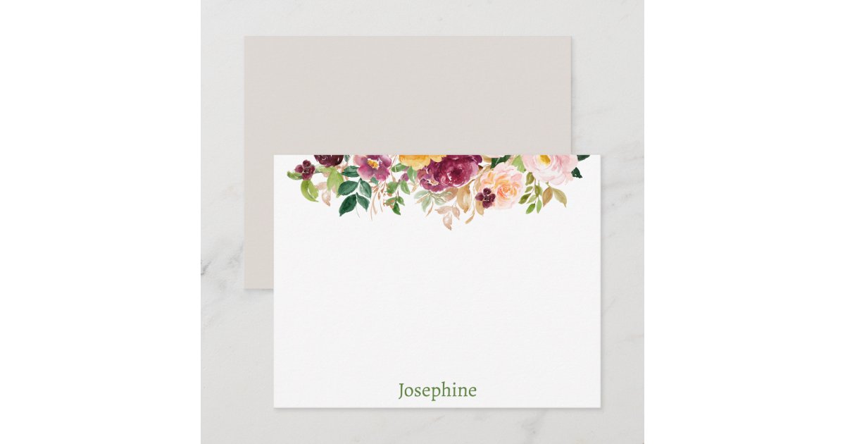 Pink Watercolor Floral Personalized Flat Note Card | Zazzle