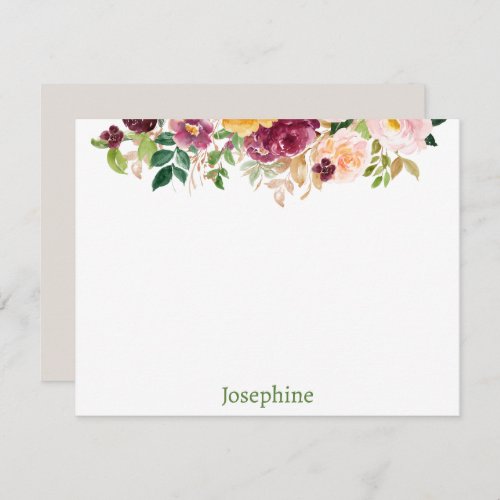 Pink Watercolor Floral Personalized Flat Note Card