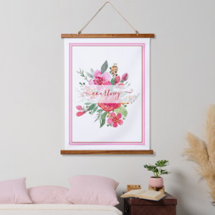 Pink watercolor floral personalized hanging tapestry