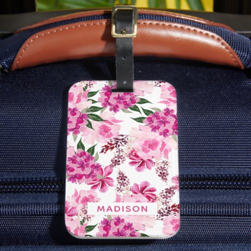 Pink Watercolor Floral Personalized Name Girly Luggage Tag