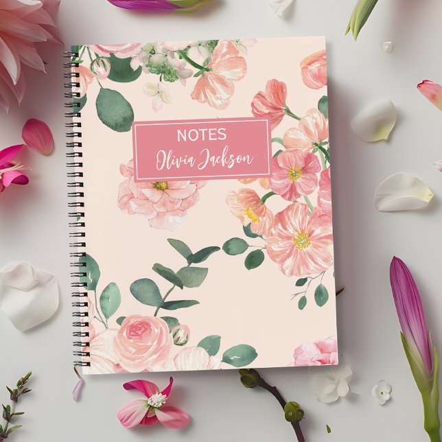 Pink Watercolor Floral Personalized Name Notebook (Creator Uploaded)