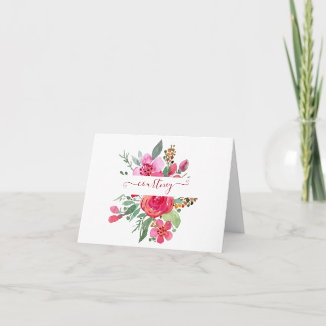 Pink watercolor floral personalized   note card (Front)