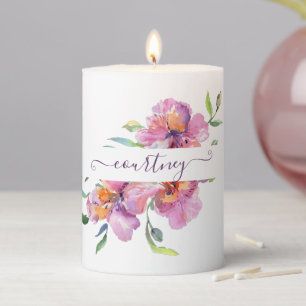 Pink watercolor floral personalized  pillar candle