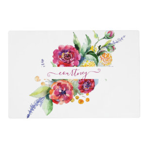 Pink watercolor floral personalized placemat