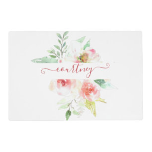 Pink watercolor floral personalized  placemat