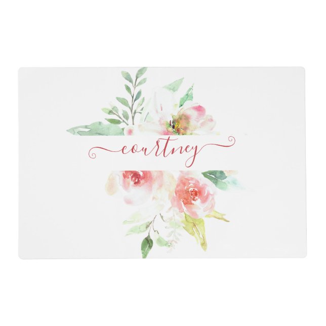 Pink watercolor floral personalized  placemat (Front)