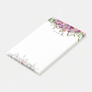 Pink watercolor floral personalized post-it notes