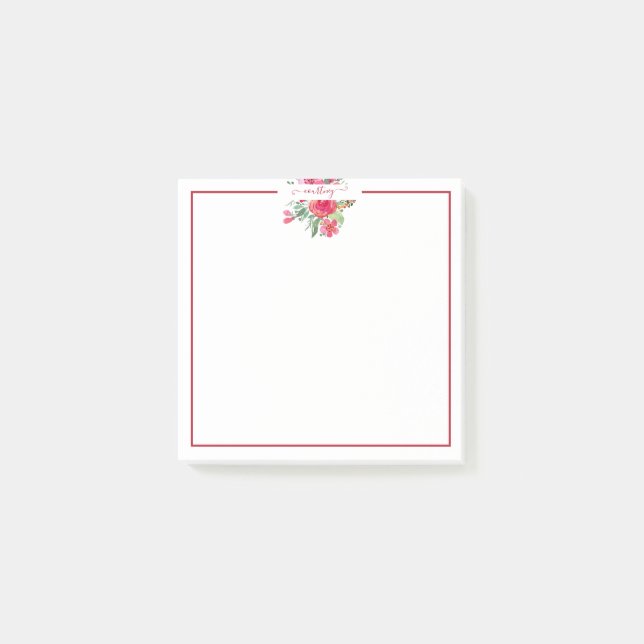 Pink watercolor floral personalized   post-it notes (Front)