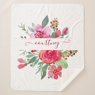 Pink watercolor floral personalized sherpa blanket